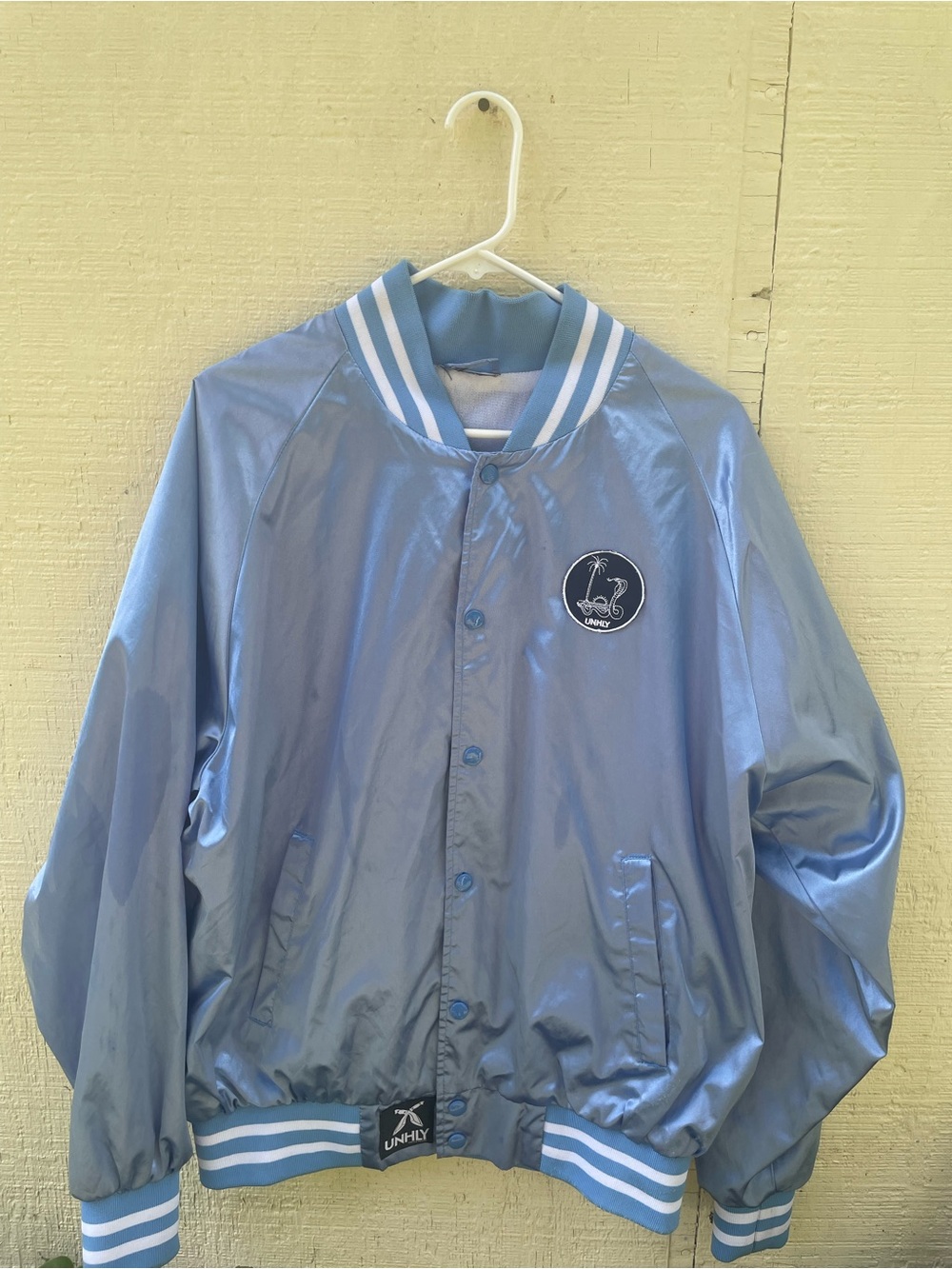 Light Blue Satin Varsity Bomber Jacket - UNHLY